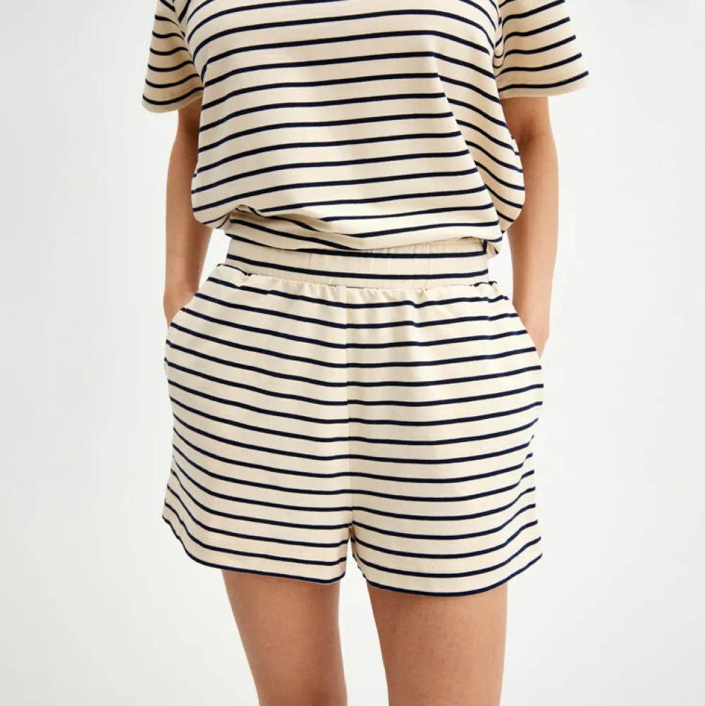 Pierre Robert Underdeler|Loungewear-Shorts Heavyweight Midnight Blue/Ecru sripe